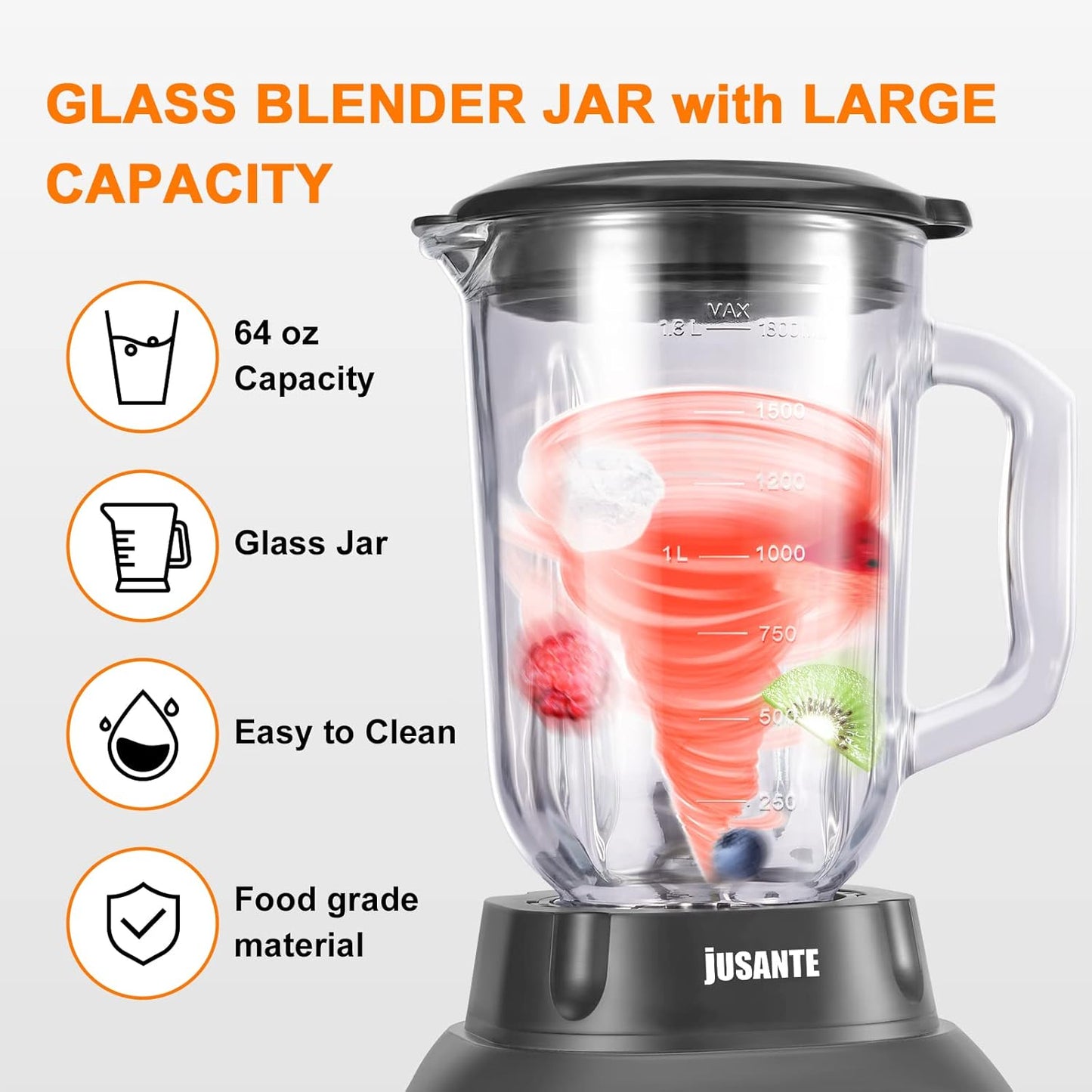Blender with 64 oz Glass Jar - 1200W High Speed Juicer Blender for Smoothies, Shakes & Frozen Drinks (Black)
