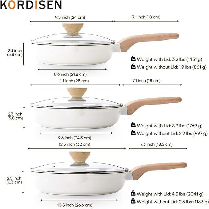 Kordisen Ceramic Nonstick Frying Pan Skillet Set with Lid, 3 Piece Ceramic Pans for Cooking Non Toxic, Healthy Induction Cookware, Stay-Cool Handle, PFOA & PFAS Free (9.5 Inch, 11 Inch, 12.5 Inch)