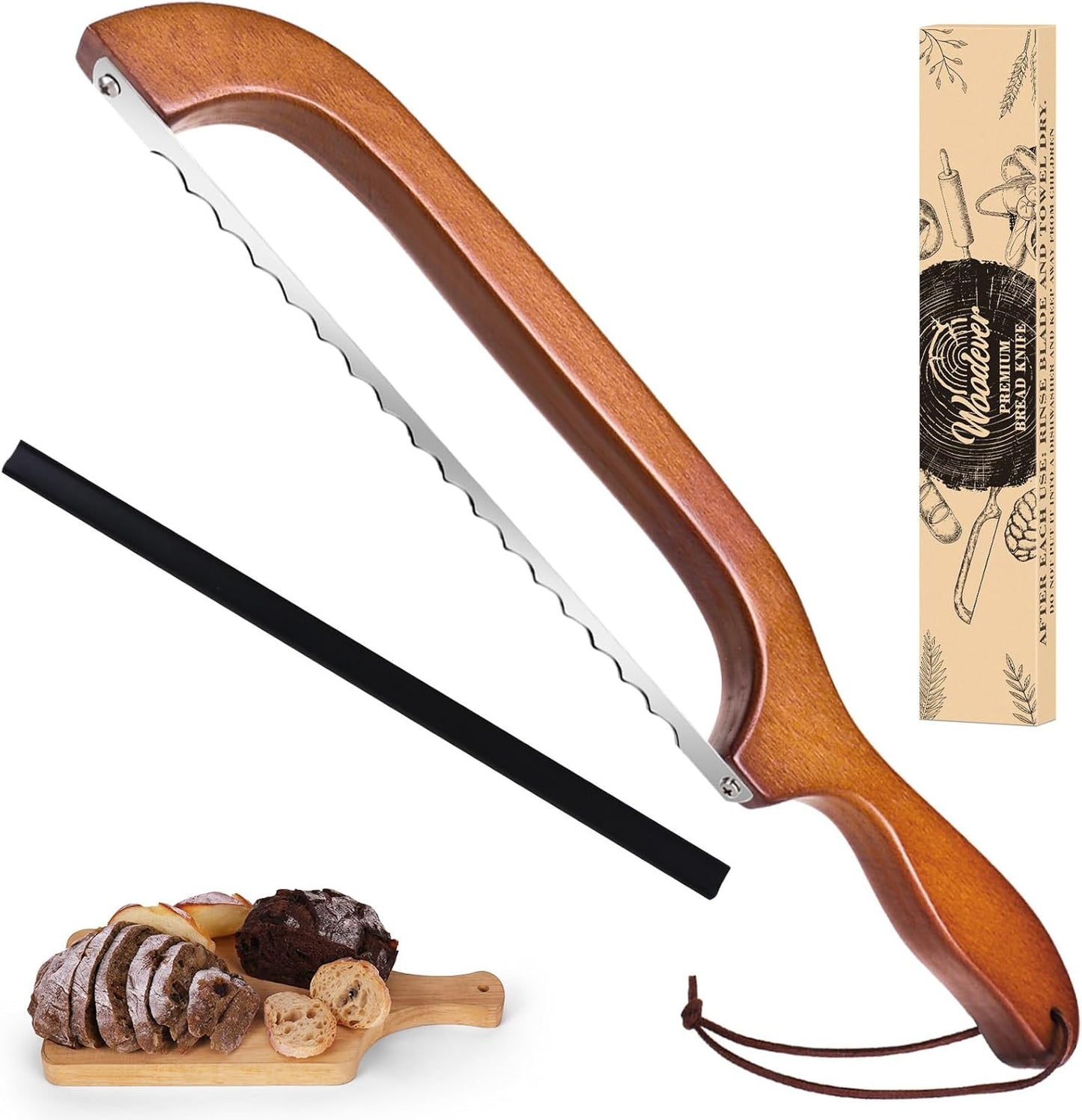 Woodever Sourdough Bread Knife for Both Right and Left Handed Use, 16" Bread Slicer for Homemade Bread, Premium Stainless Steel Serrated Saw Bread Cutter for Bagels, Baguettes (BROWN)