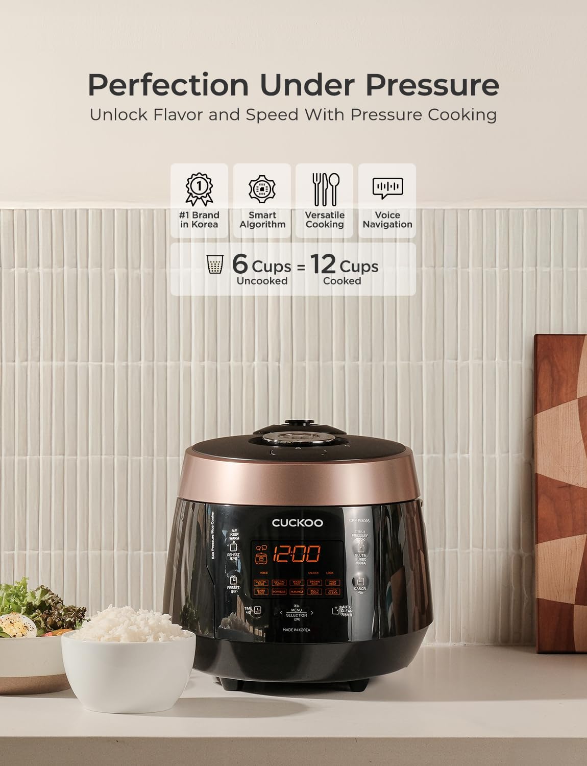 CUCKOO High Pressure Rice Cooker 6-Cup Uncooked / 12-Cup Cooked with Nonstick Inner Pot, Versatile Rice Maker with 12 Menu Options and Steam Plate, Fuzzy Logic Tech, Voice Guide, Black (CRP-P0609S)