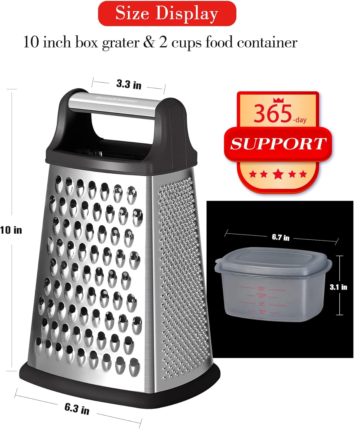 Ourokhome Cheese Grater with Handle, Stainless Steel Box Grater, 4 Side Kitchen Vegetable Shredder Slicer Zester with Container for Parmesan, Cabbage, Ginger, Lemon, Chocolate, Coconut (Black)