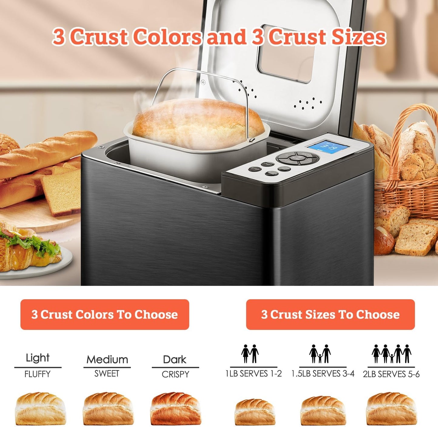 KBS 19-in-1 Programmable Bread Maker,2LB Large Bread Machine Stainless Steel with Sourdough,Gluten-Free,Nonstick Ceramic Pan,650W Bread Maker Machine with 15H Timer&1H Keep Warm,3 Crust Colors,Recipes