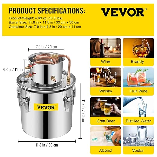 VEVOR Alcohol Still 8Gal/30L Alcohol Distiller Stainless Steel Distillery Kit for Alcohol with Copper Tube & Pump Home Brewing Kit Build-in Thermometer for DIY Whisky Wine Brandy
