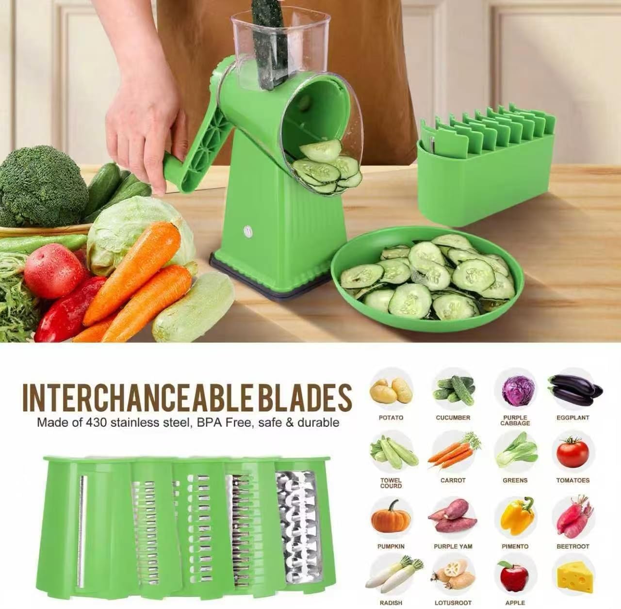 Rotary Cheese Grater with 5 Well-designed Blades & Strong Suction Base, Kitchen Mandoline Vegetable Slicer with Blade Storage Box (GREEN)