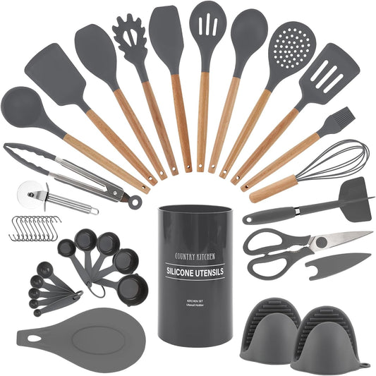 Country Kitchen Non Stick Silicone Utensil Set with Rounded Wood Handles for Cooking and Baking, 38 Piece Set, Gray