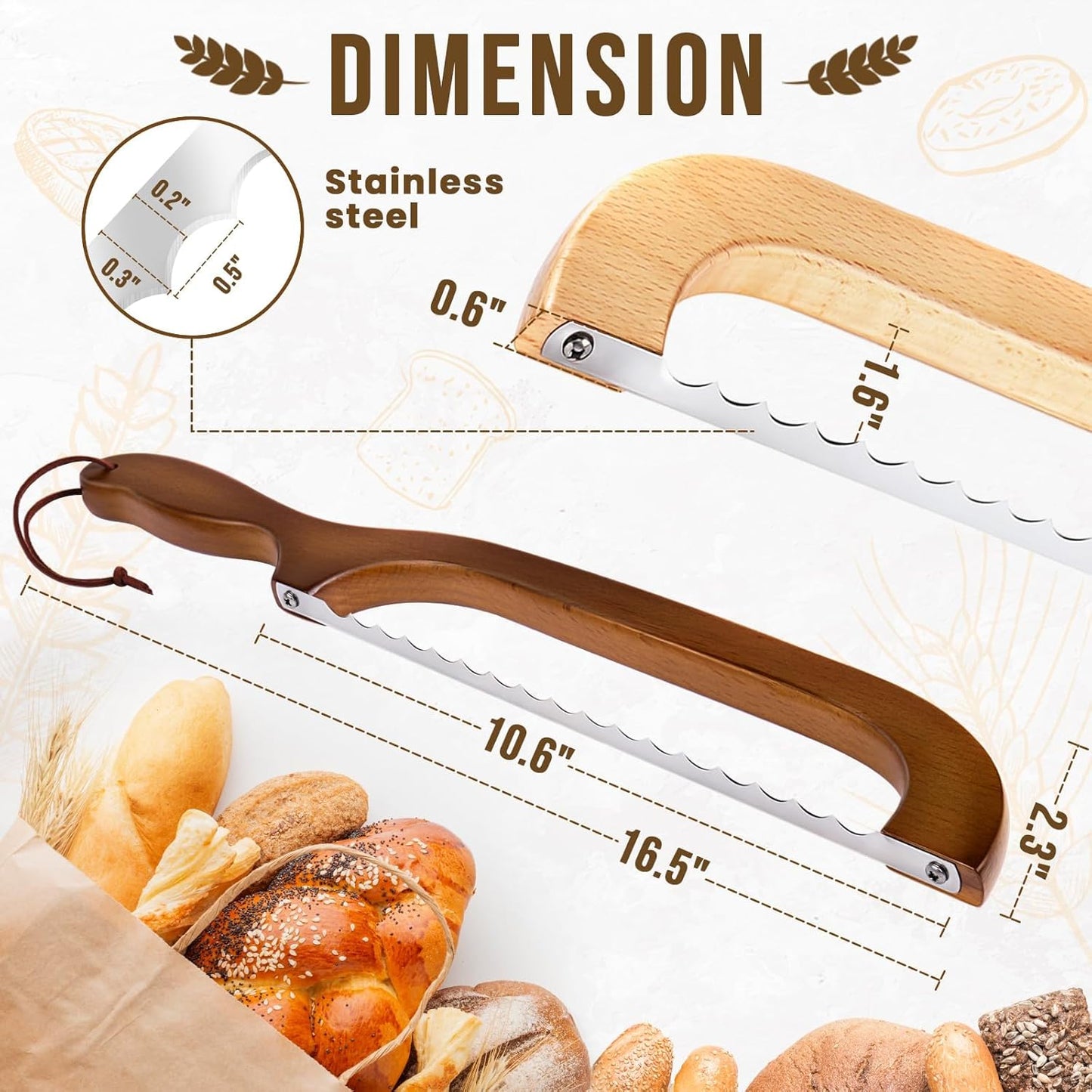 Woodever Bread Knife, 2 Pack Bread Slicer for Homemade Bread, 16'' Wooden Sourdough Bread Knife with Bow Design, Premium Stainless Steel Serrated Bread Cutter for Bagels and Baguettes