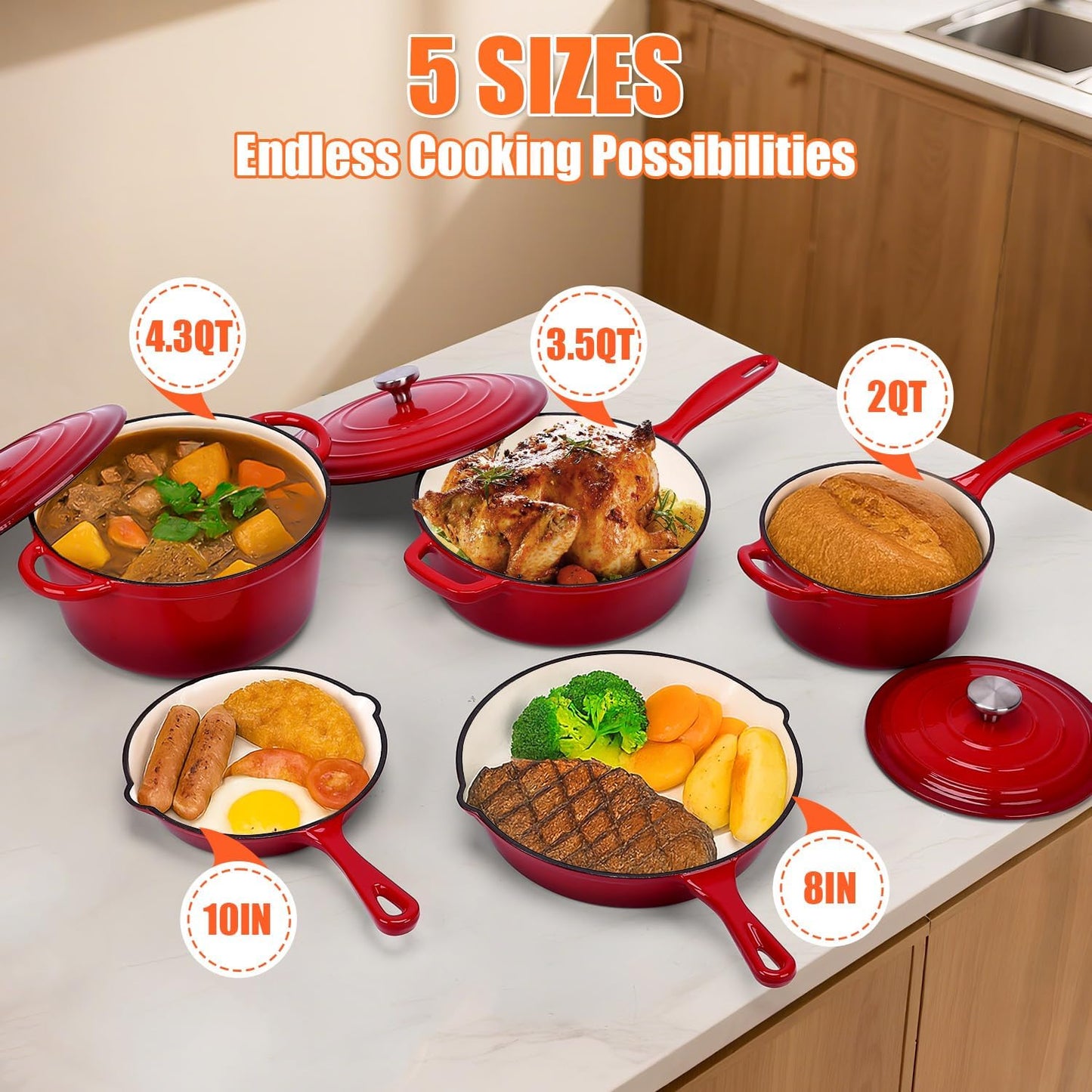 QuliMetal Nonstick Enameled Cast Iron Cookware Set, 5 Pcs Pots and Pans with Lid, Skillet, Frying Pan, Saucepan & Dutch Oven for All Stovetops, PFA Free - Ideal for Sourdough Bread Baking