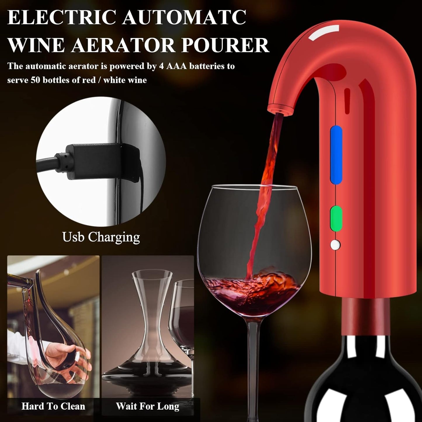 Wine Bottle Opener Christmas Day Gift Set with Electric Wine Opener, Wine Decanter&Wine Aerator and Pourer, wine stopper, Foil Cutter and EVA Storage Bag, Rechargeable and Automatic-(Christmas Red)