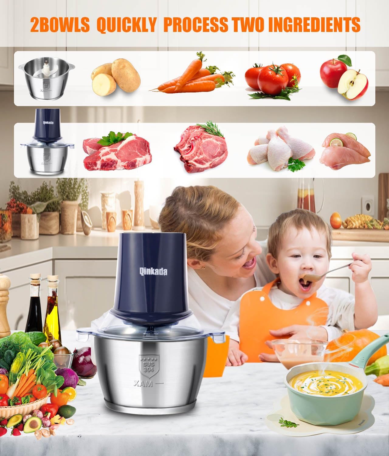 Food Processors with 2 Bowls, 400 W Meat Grinder, Food Chopper Electric, 2 Speed, 2 Pcs 8 Cup 304 Stainless Steel Bowls, 2 Blade and Spatula (Blue 2)