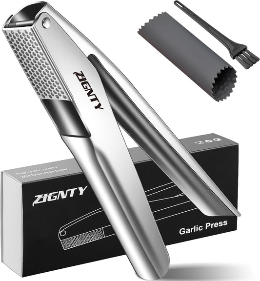 Professional Garlic Press Stainless Steel，No Need to Peel Garlic Mincer Tool with Large Trough, Dual Lever-Assisted Garlic Presser & Masher Easy Clean, Garlic Crusher Dishwasher Safe Rust Proof