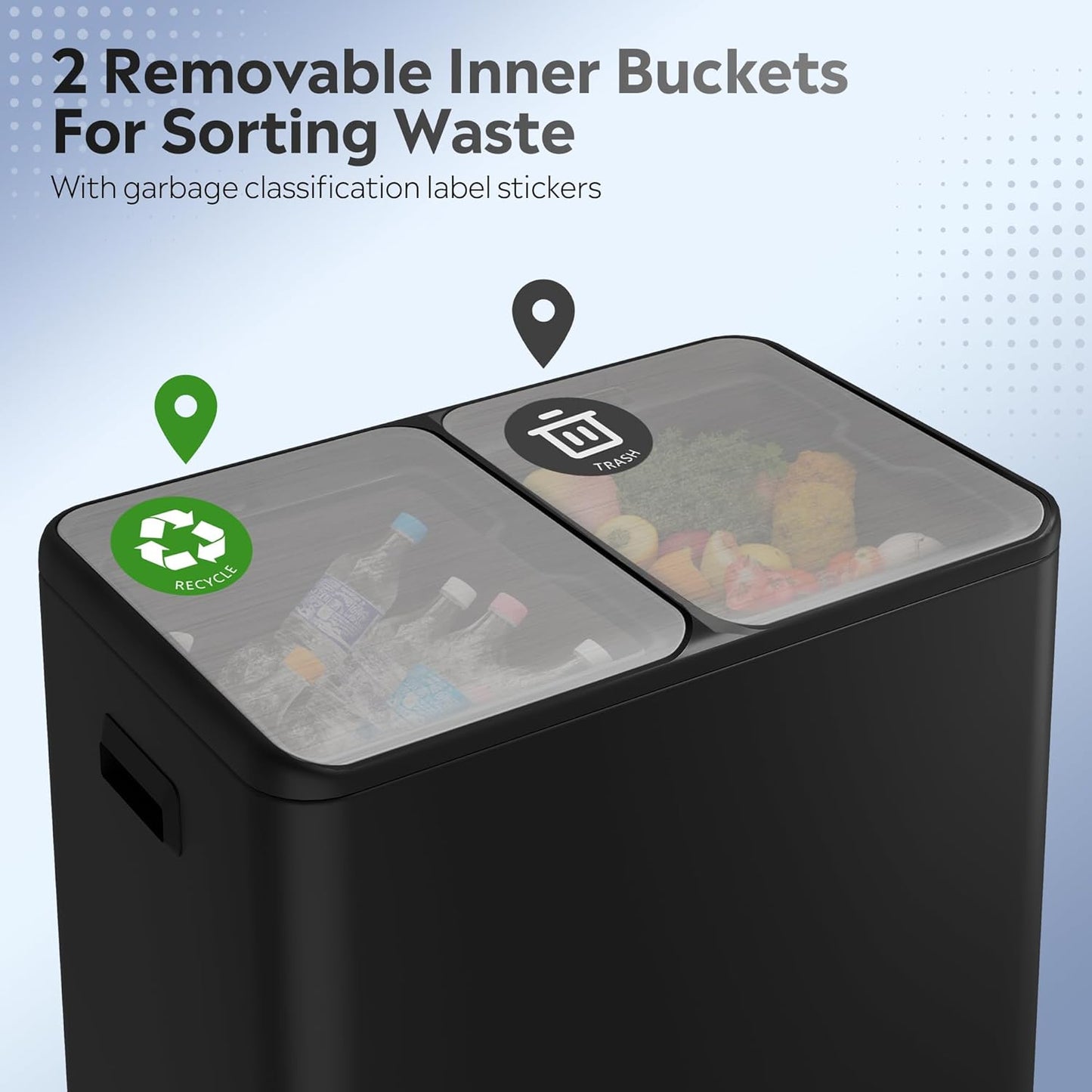 WLIVE 2 x 8 Gallon Stainless Steel Dual Trash Can, Double Trash Can Kitchen with Soft-Close Lid, Trash and Recycle Bin Combo, Kitchen Garbage Can with Deodorizing Filter Box and Inner Buckets, Black