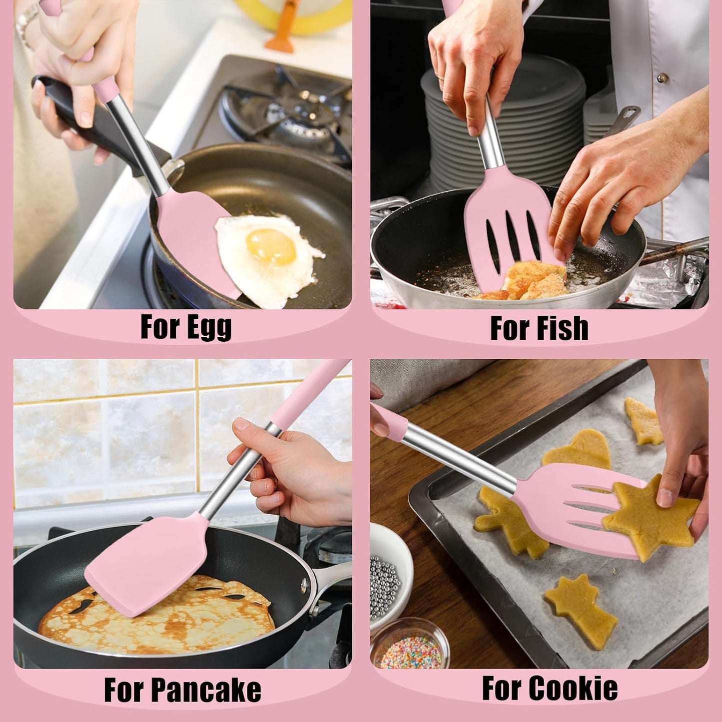 E-far Silicone Spatula Set of 2, Solid & Slotted Turner for Nonstick Cookware, Heat Resistant Rubber Kitchen Cooking Utensils for Flipping Fish Pancake Egg - Pink