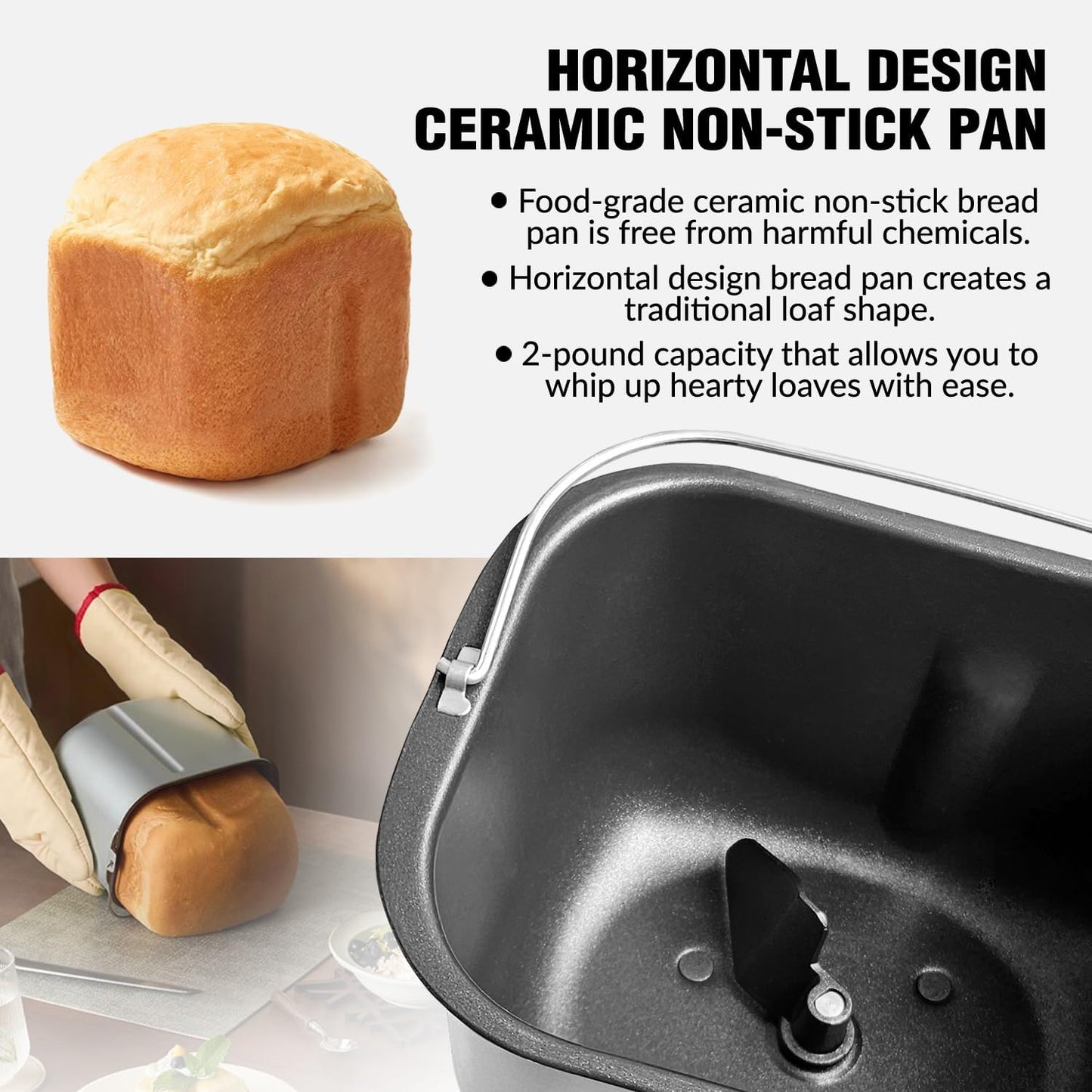 Bread Maker Machine with Ceramic Nonstick Pan, 19 Menus, 2 Pound Stainless Steel Breadmaker with Glass Touch Panel, Gluten Free, Sourdough Starter, Custom Setting, 3 Loaf Sizes & Crust Colors