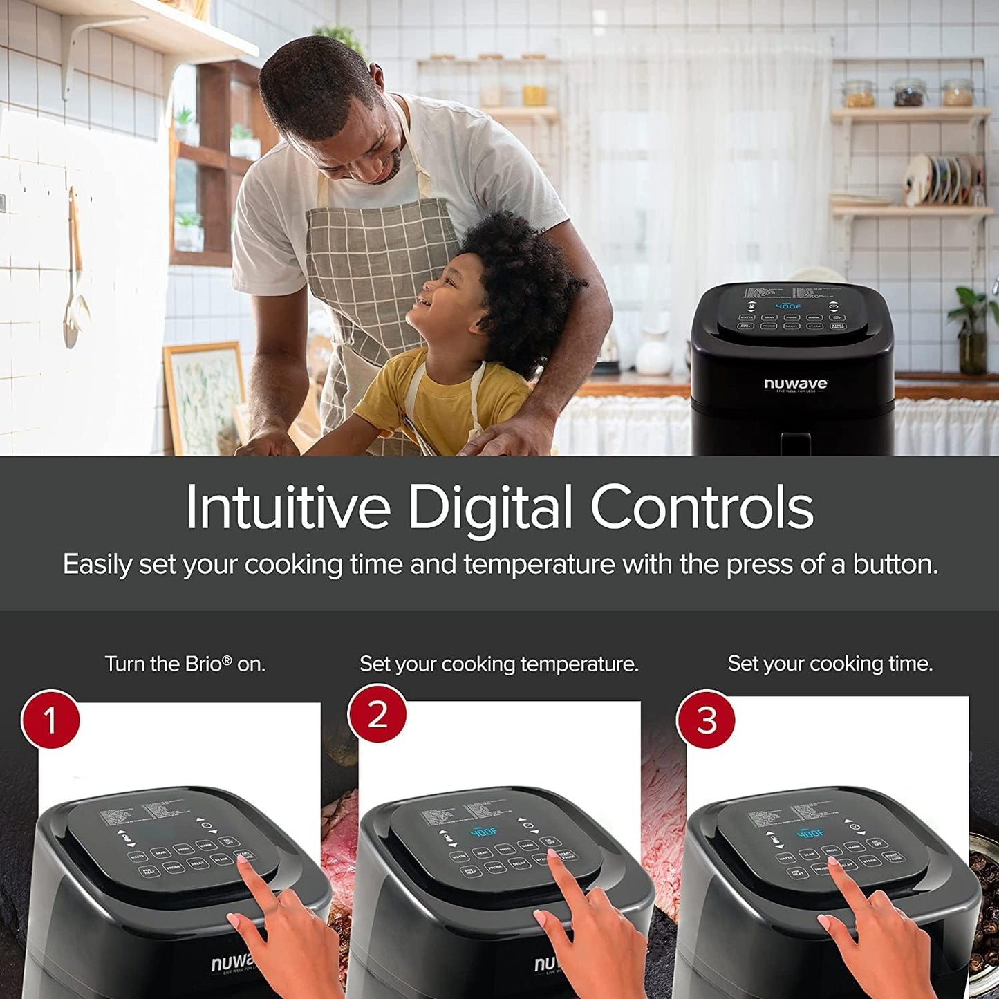 Nuwave Brio 6-Quart Healthy Digital Smart Air Fryer with Probe One-Touch Digital Controls, Advanced Cooking Functions, Removable Divider Insert & Grill Pan (NEW ACCESSORY),Black