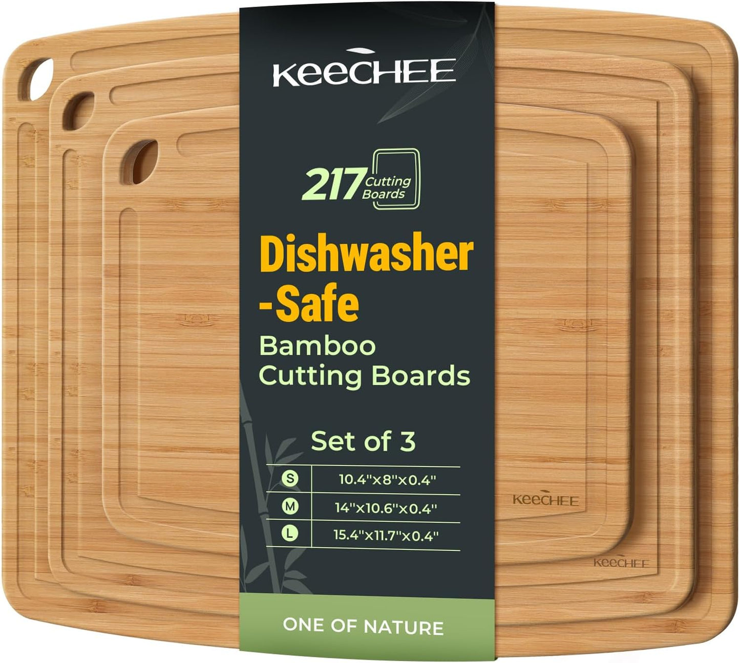 Dishwasher Safe Bamboo Cutting Boards Durable Lightweight Wood Cutting Board for Busy Kitchen, Easy Clean Wooden Chopping Boards with Juice Groove Set of 3 (L+M+S)
