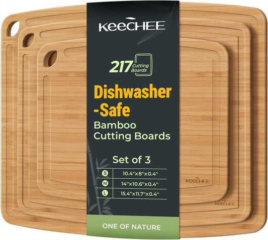 Dishwasher Safe Bamboo Cutting Boards Durable Lightweight Wood Cutting Board for Busy Kitchen, Easy Clean Wooden Chopping Boards with Juice Groove Set of 3 (L+M+S)
