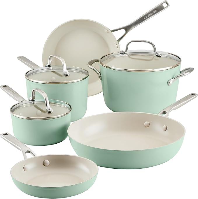 KitchenAid Hard Anodized Ceramic Nonstick Cookware Pots and Pans Set, 9 Piece - Pistachio