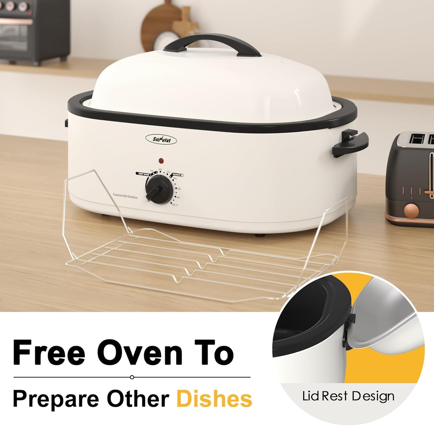 Sunvivi Roaster Oven with Self-Basting Lid,18 Quart Electric Roaster with Removable Pan & Rack,150-450°F Full-Range Temperature Control with Defrost/Warm Function,Stainless Steel,White