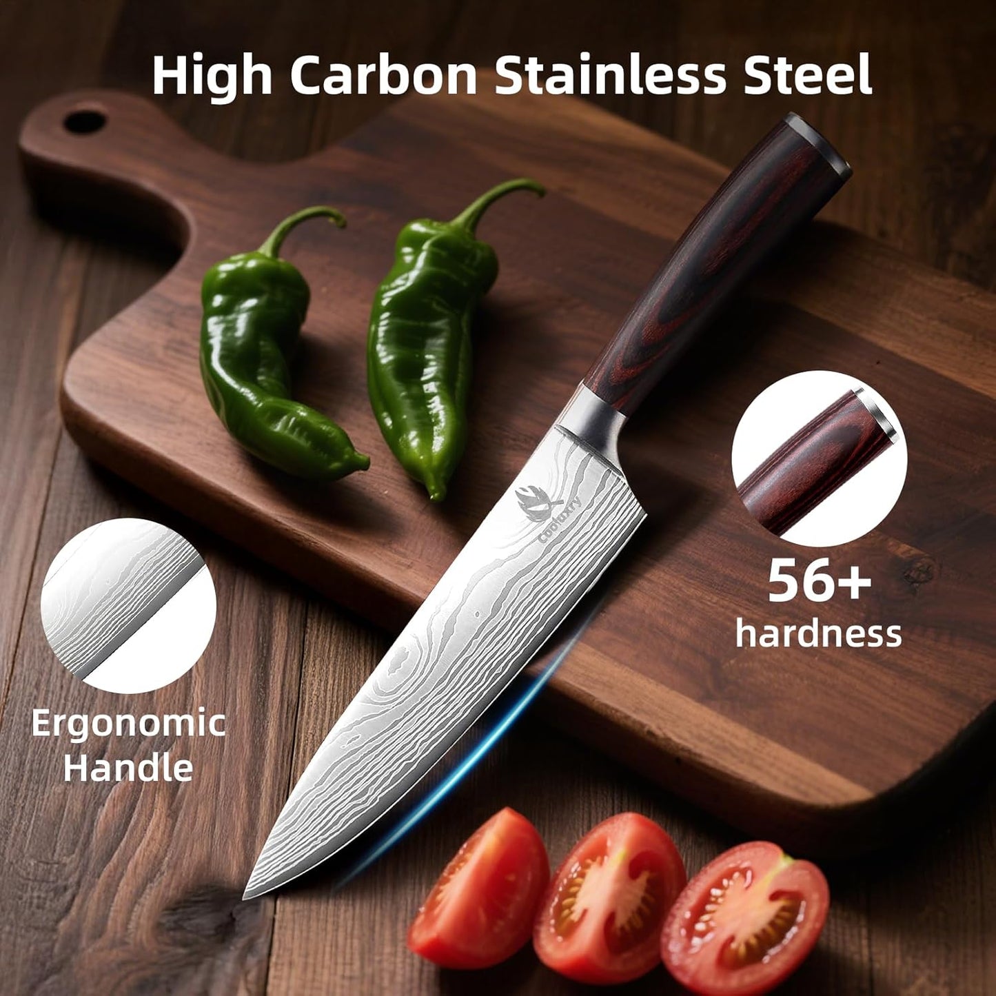 Professional Chef Knife - 8 Inch High Carbon Stainless Steel Kitchen Knife with Ergonomic Pakkawood Handle for Precise Cutting