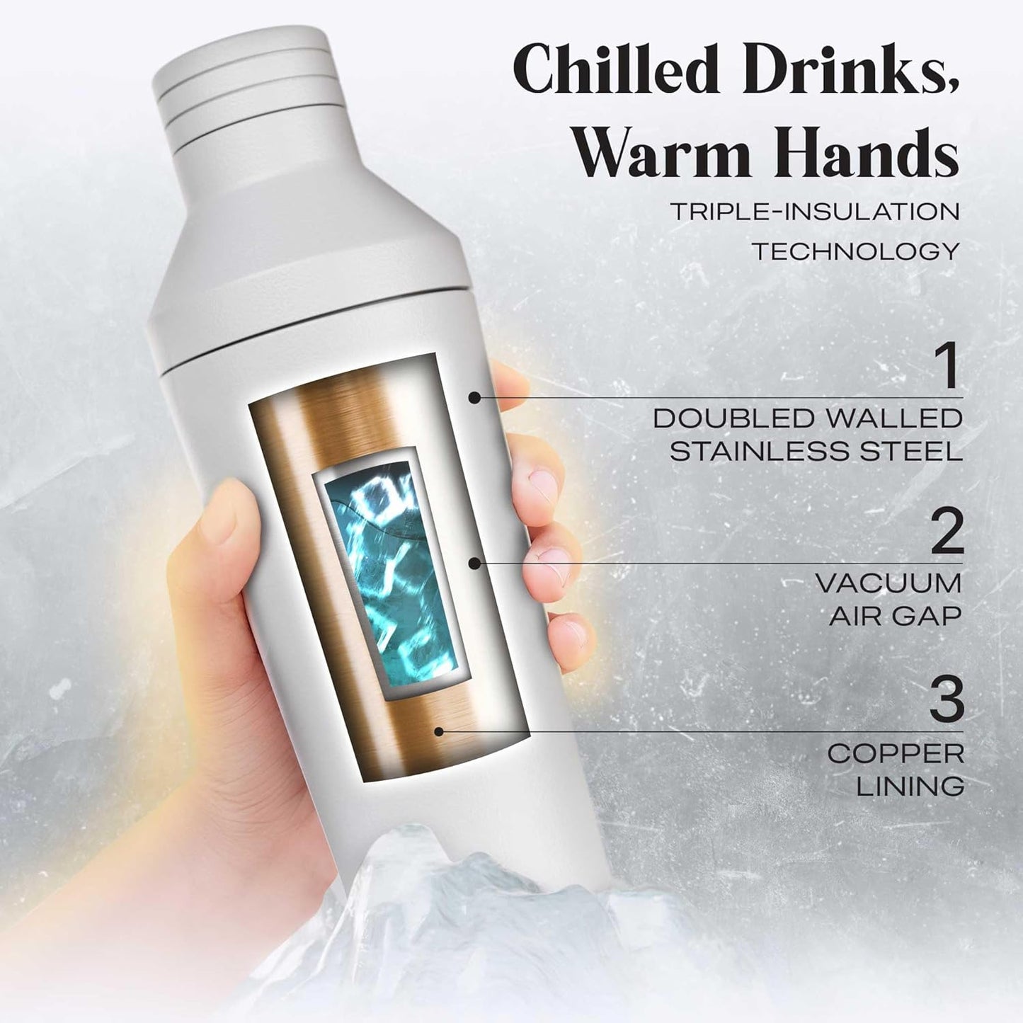 Insulated Cocktail Shaker Set | Double Wall Stainless Steel | Martini Shaker for Home Bar Bartending | Built-in Drink Measurement System & Strainer, Travel Bag, 35 Recipes | Gift Set (Matt White)