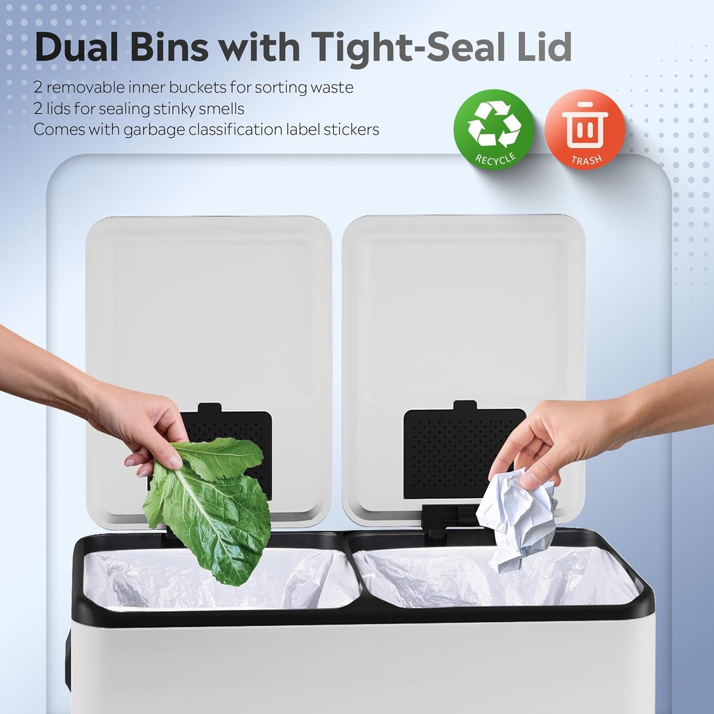 WLIVE 2 x 8 Gallon Stainless Steel Dual Trash Can, Double Trash Can Kitchen with Soft-Close Lid, Trash and Recycle Bin Combo, Kitchen Garbage Can with Deodorizing Filter Box and Inner Buckets, White
