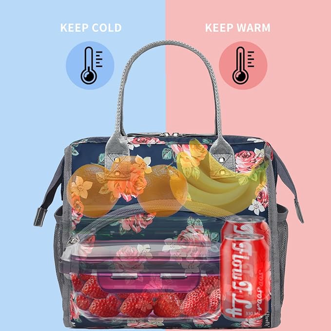 FlowFly Insulated Lunch Bag for Women, Men, Large and Reusable, Handle, Work and Travel Tote and Meal Prep Organizer, Rose