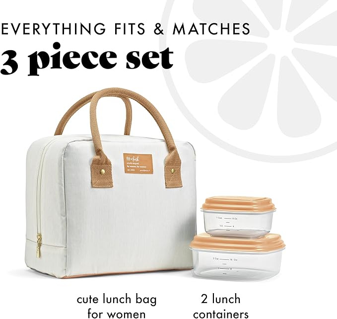 Fit & Fresh Lunch Bag For Women, Insulated Womens Lunch Bag For Work, Leakproof & Stain-Resistant Large Lunch Box For Women With Containers, Zipper Closure Bloomington Bag, Ivory Woven