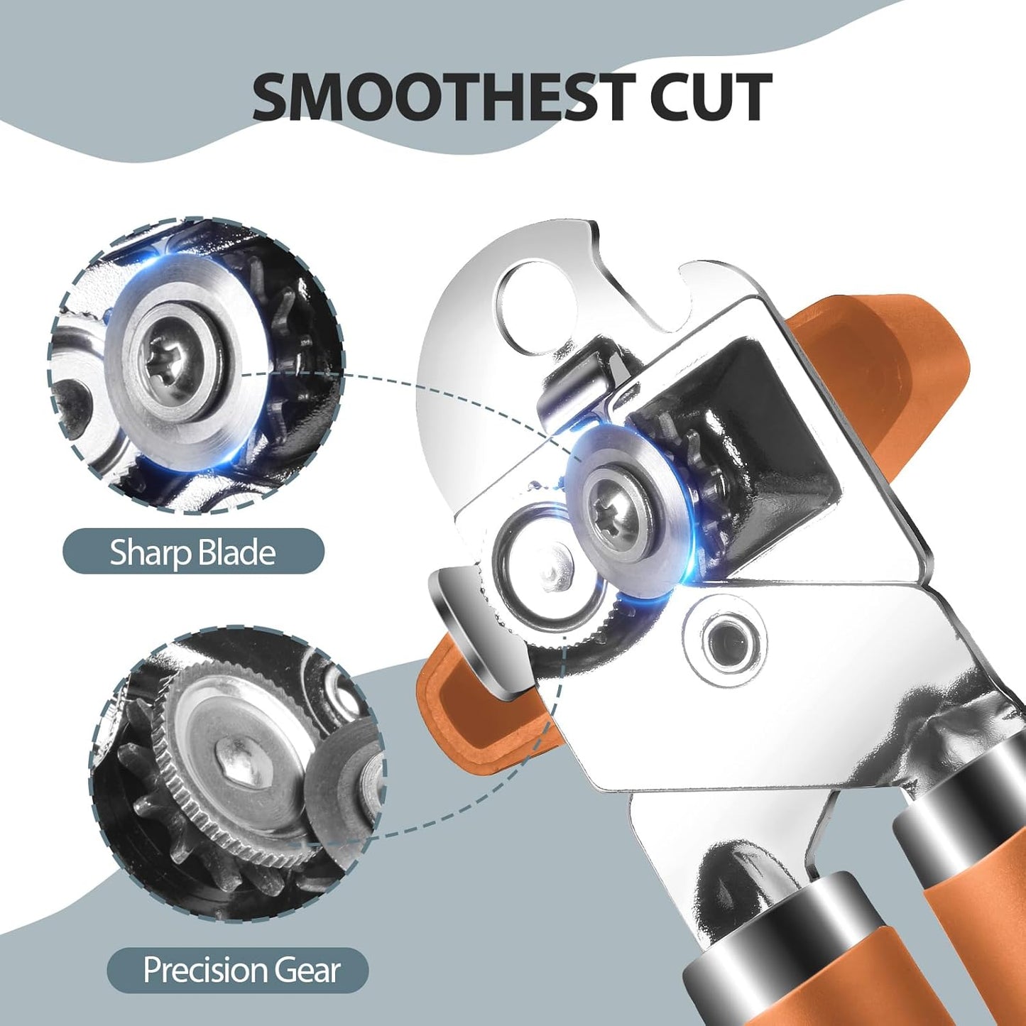 Can Opener Manual, Heavy Duty Handheld Strong Can Opener with Soft Touch Handle, Sharp Blade Smooth Edge, Can Openers with Multifunctional Bottle Opener, Orange