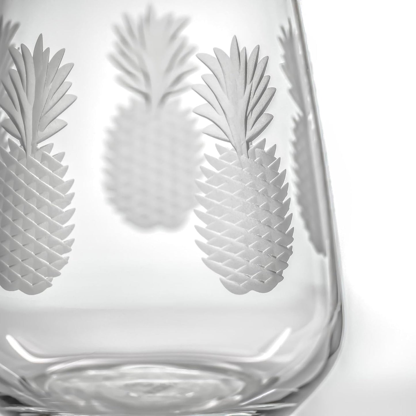 Rolf Glass Fresh Pineapple Stemless Wine Glass | 15.75oz Stemless Tumblers | Lead-Free and Diamond-Wheel Engraved | Tropical Coastal Etched Glassware with Pineapple Design | Set of 4