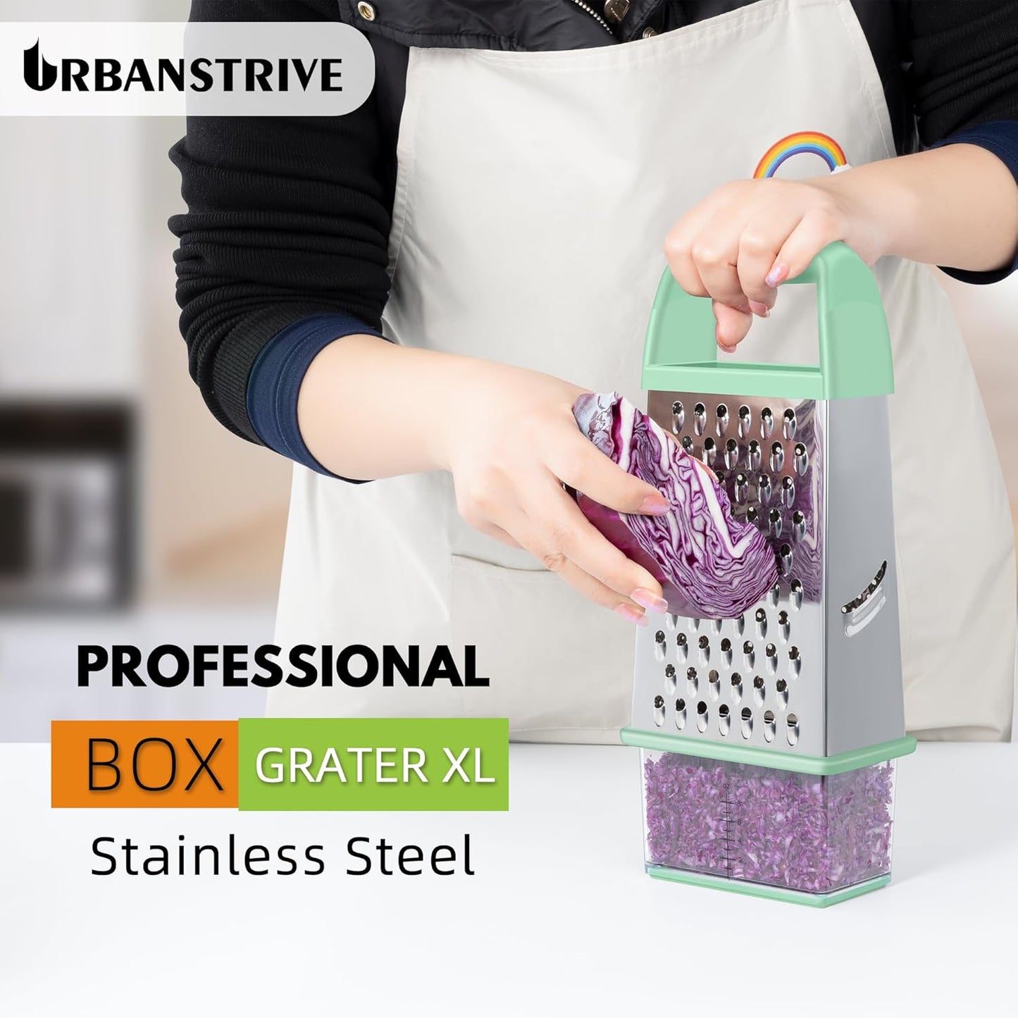 Urbanstrive Cheese Grater With Container, Professional Cheese Grater with Handle, Stainless Steel Graters for Kitchen Handheld, Box Grater with 4 Sides for Vegetables, Ginger, Potatoes (Mint Green)