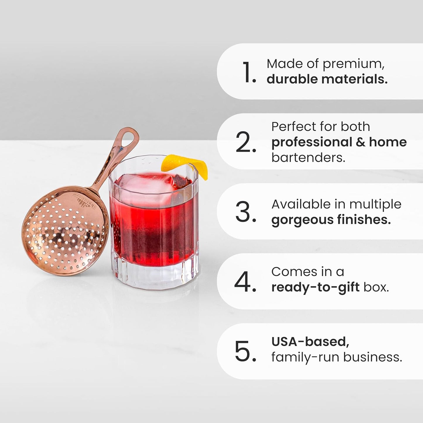 A Bar Above Stainless Steel Julep Strainer, 304 Metal Cocktail Sieve for Spirit-Forward Drinks, Rounded Handle Bartender Tool for Mixing Glasses and Shakers, Professional-Grade Drink Strainer