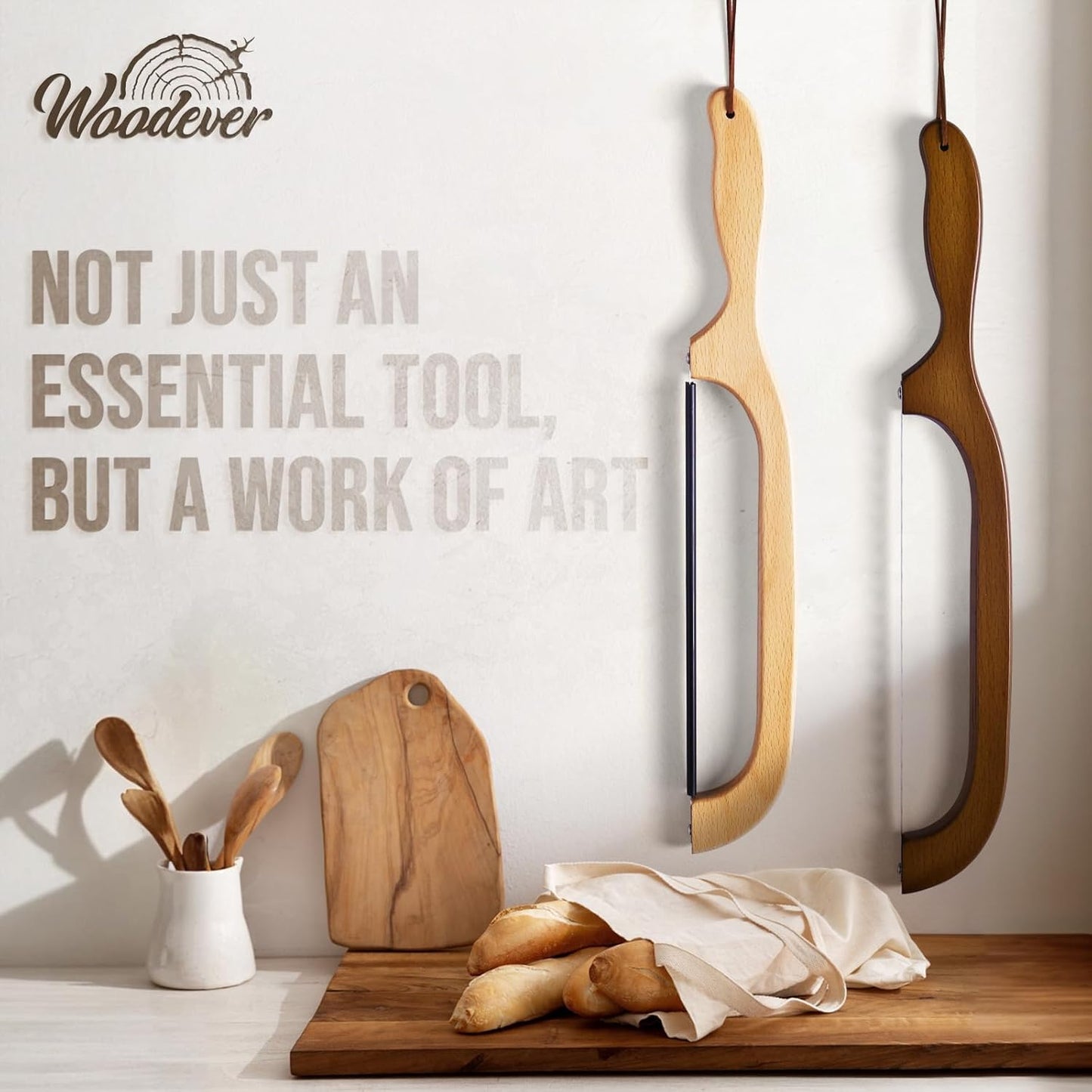 Woodever Bread Knife, 2 Pack Bread Slicer for Homemade Bread, 16'' Wooden Sourdough Bread Knife with Bow Design, Premium Stainless Steel Serrated Bread Cutter for Bagels and Baguettes