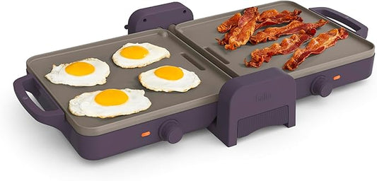 bella 10"x 20" Ceramic Fold-n-Store Dual Temp Griddle, Fits-anywhere Kitchenware, EverGood Ceramic Nonstick Coating, 2 Temperature Zones up to 400°F, Dishwasher Safe Drip Tray, 1500 Watt, Plum