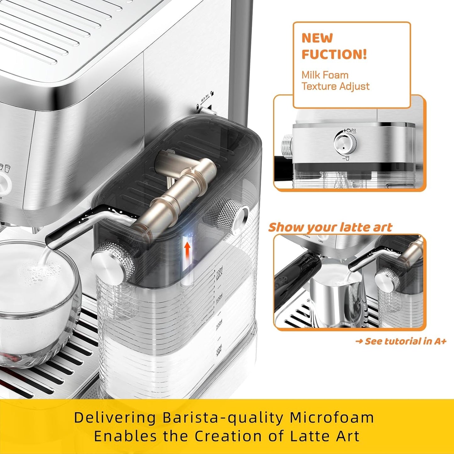 MAttinata CM1633 Cappuccino Machine 20 Bar, Professional Espresso Machines with Automatic Milk Frothering, Barista Compact Latte Maker for Home, with Pressure Gauge for Coffee Lovers, Stainless Steel