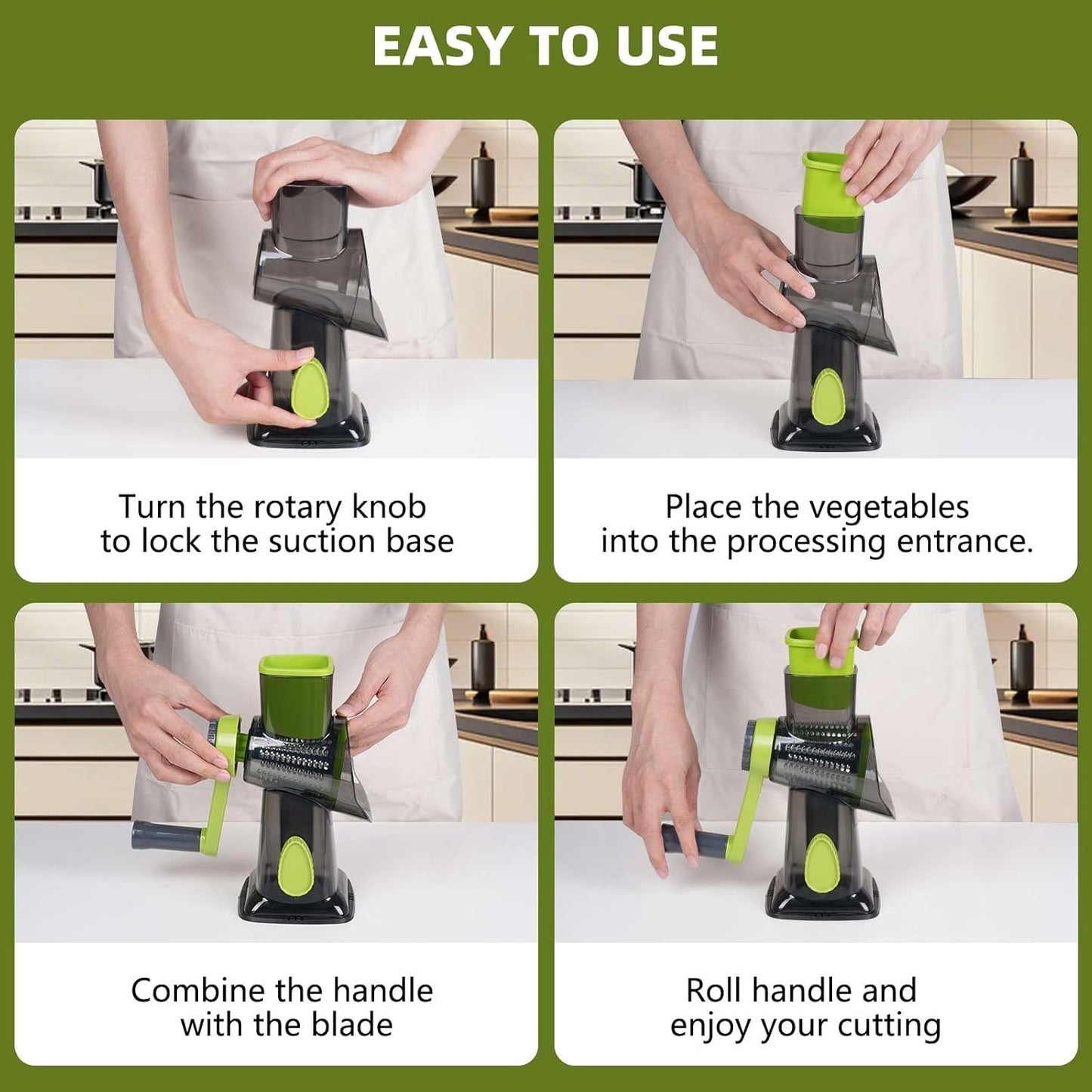 Rotary Cheese Grater with 3 Stainless Steel Blades, Hand Crank Vegetable Slicer, Suction Base, Green