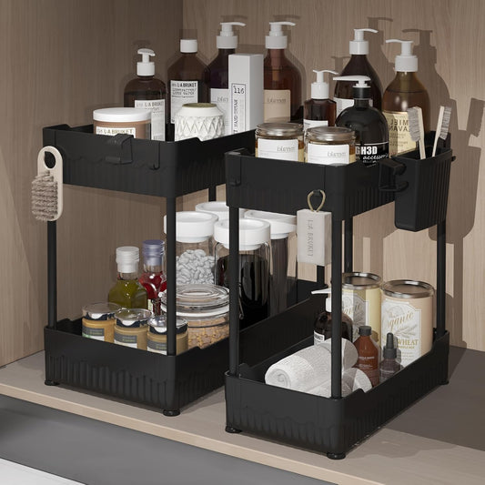2 Pack Under Sink Organizer, Under Bathroom Cabinet Organizer with Hooks Hanging Cup, Multi-Purpose Storage Shelf for Kitchen Bathroom (Black, XL)