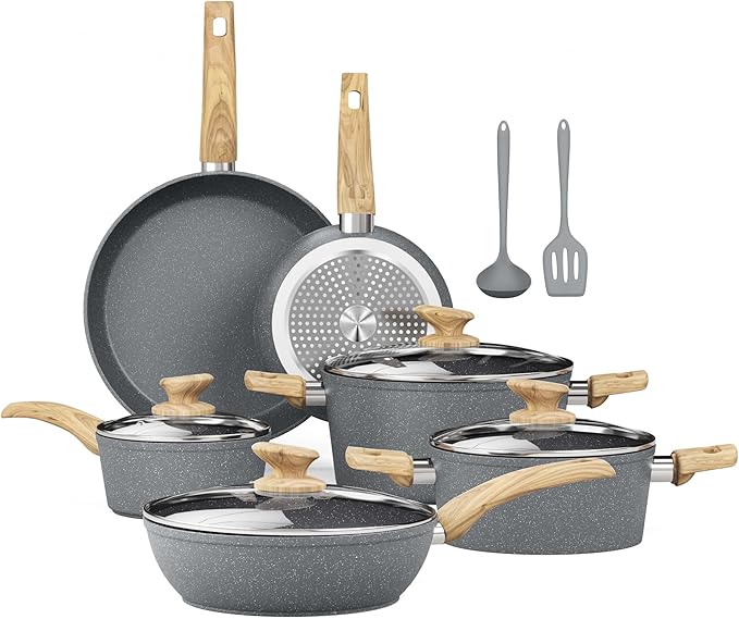 Kitchen Academy Induction Cookware Sets - 12 Piece Gray Cooking Pan Set, Granite Nonstick Pots and Pans Set