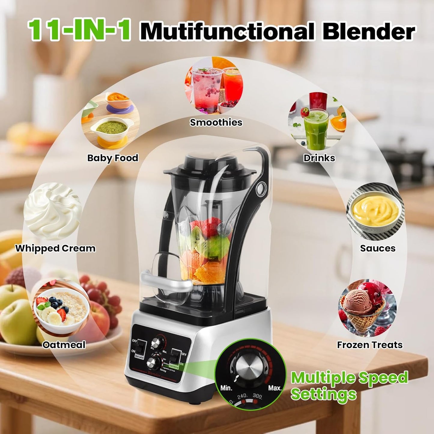 153Oz Professional Commercial Blender with Soundproof Shield, Multi-speed Settings, Quiet Smoothies Blenders Countertop, Powerful Blender for Kitchen, Shakes, Frozen Drinks, Self-Cleaning