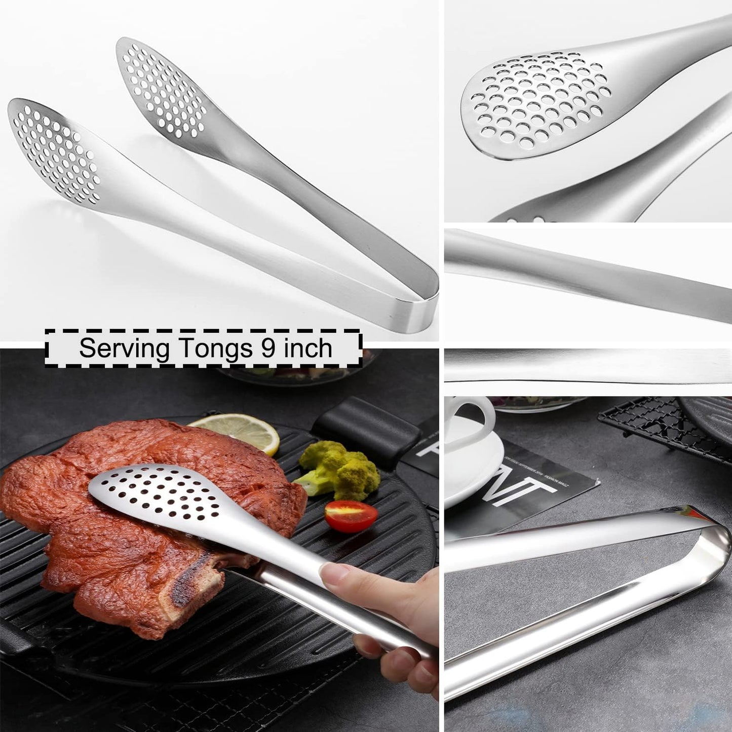 11 PCS Serving Utensils, Large Stainless Steel Spoons Forks Tongs, Pie Server, Great for Hostess Buffet Catering Banquet Party, Silver