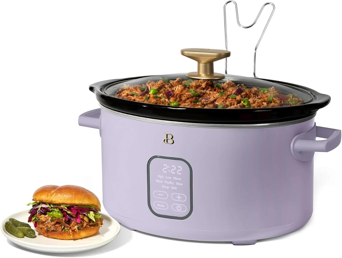 Beautiful 6 Qt Programmable Slow Cooker by Drew Barrymore - 5 Preset Cooking Functions, Digital Countdown Timer, Dishwasher-Safe Parts, and Cool-Touch Handles (Lavender.)