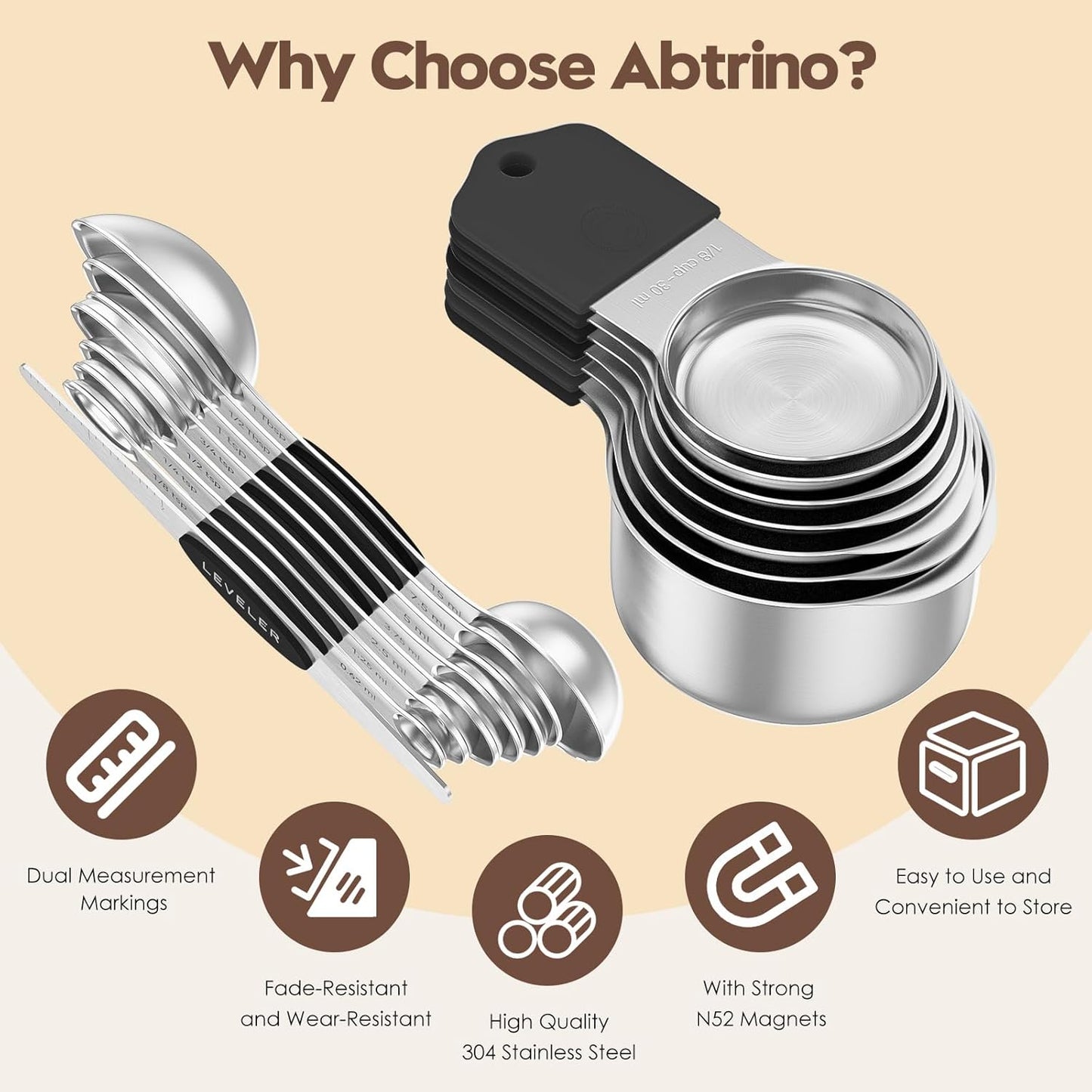 Magnetic Measuring Cups and Spoons Set - 304 Stainless Steel | Dual-sided Design | Set of 15 with Leveler | Strong N52 Magnetic Nesting Design | for Dry & Liquid Ingredients (Black)