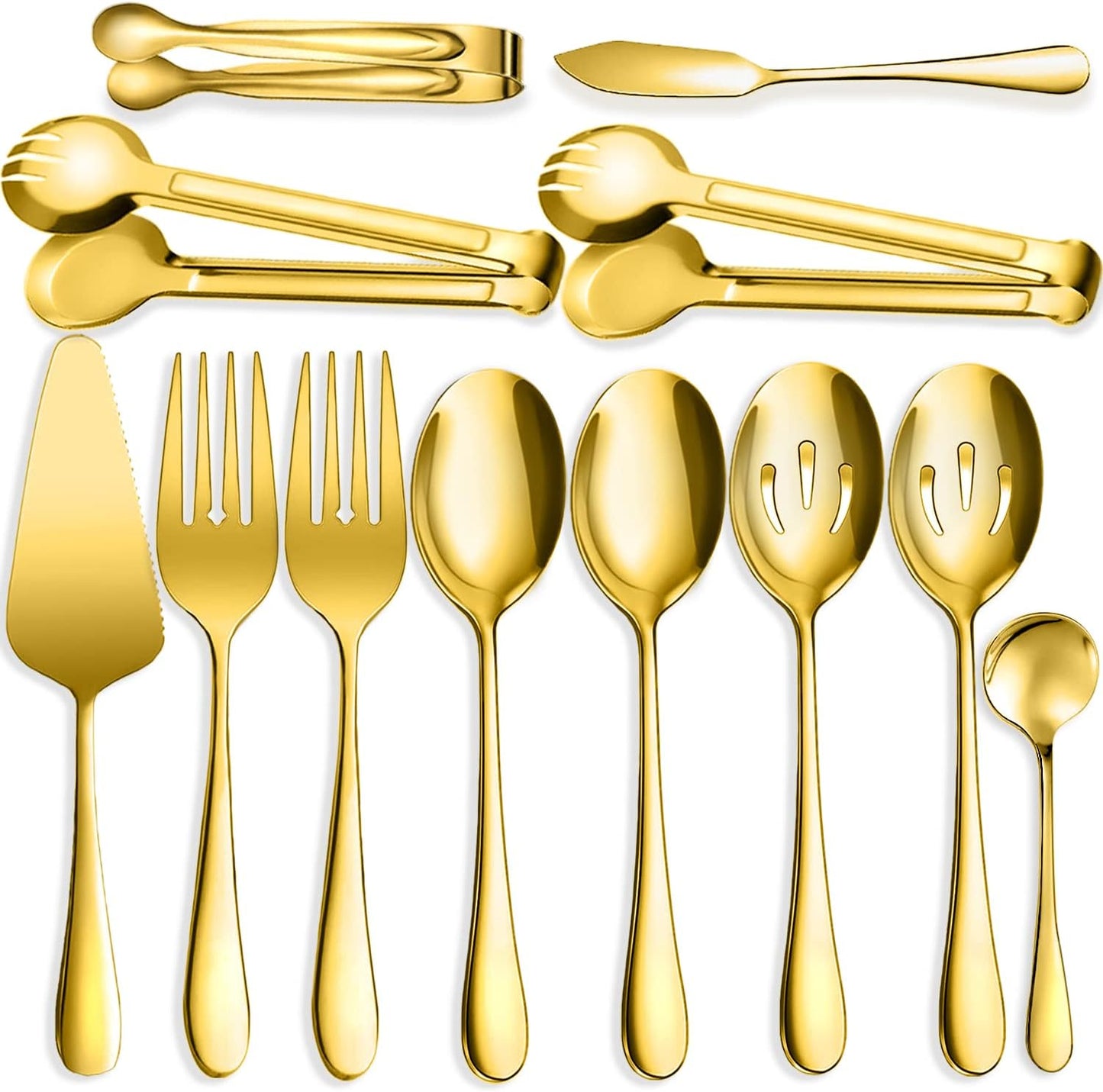 12 PCS Stainless Steel Serving Utensils, Large Spoons Slotted Spoons Forks Tongs, Ice Suger Tongs, Pie Server, Butter Knife, Coffee Spoons, Great for Buffet Catering Banquet Party, Gold