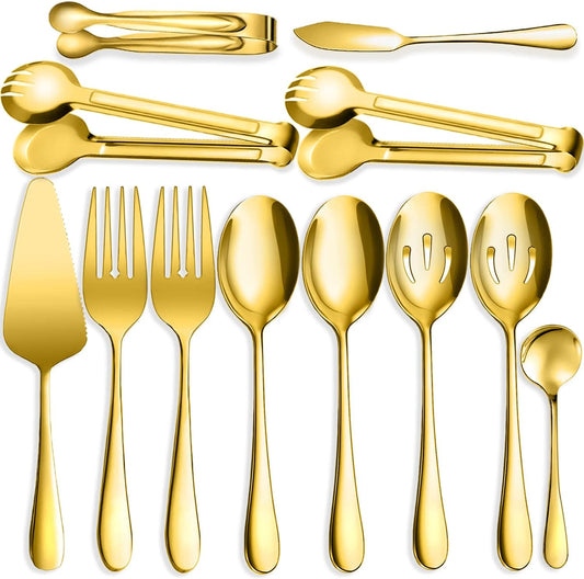 12 PCS Stainless Steel Serving Utensils, Large Spoons Slotted Spoons Forks Tongs, Ice Suger Tongs, Pie Server, Butter Knife, Coffee Spoons, Great for Buffet Catering Banquet Party, Gold
