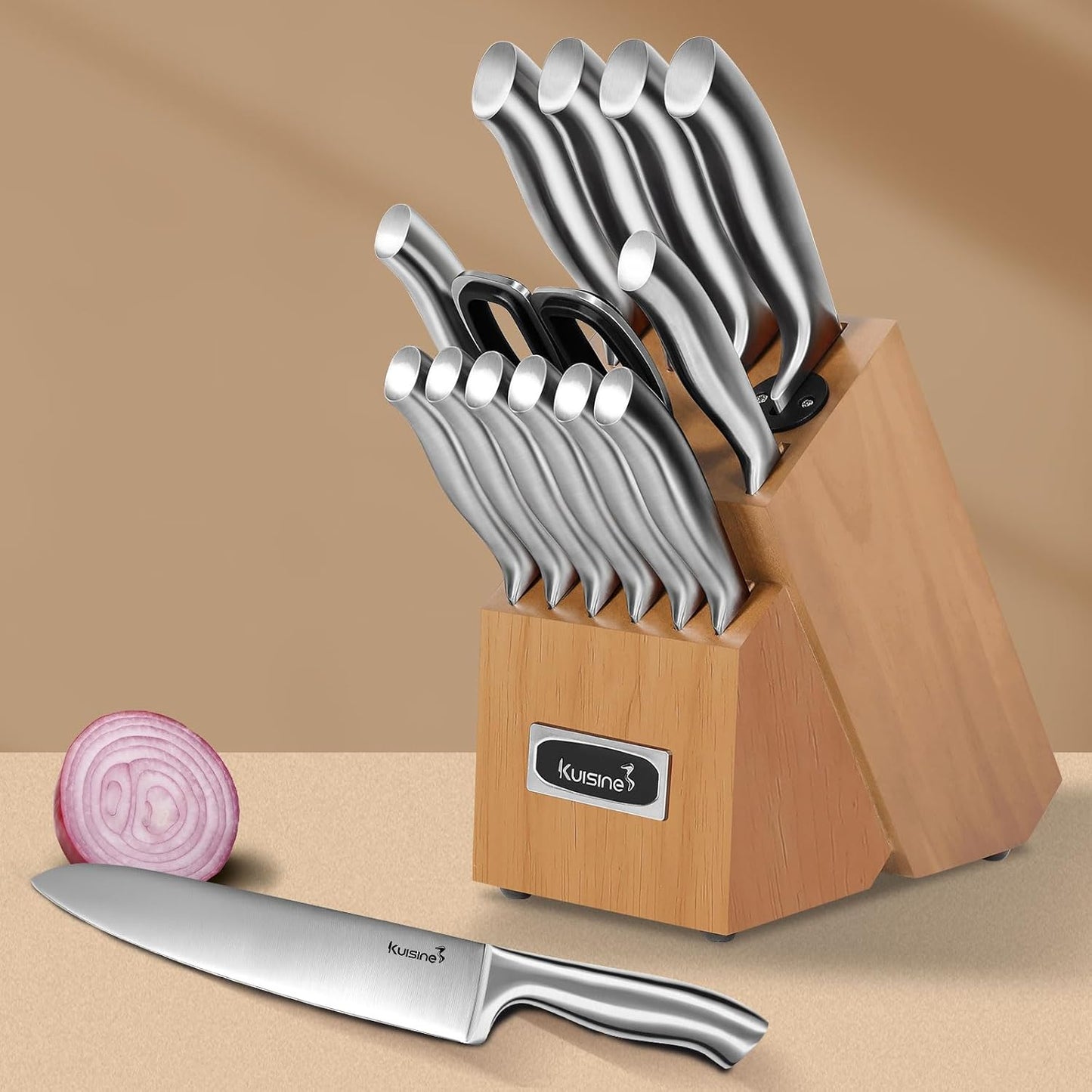 Kuisine Premium Sharp Knife Set,High Carbon Stainless Steel Sharper Blade Ergonomic Non-slip Handle,Kitchen Block Knife Set Chef Knife Block Set with Built-in Sharpener(Acacia, 15PCS)