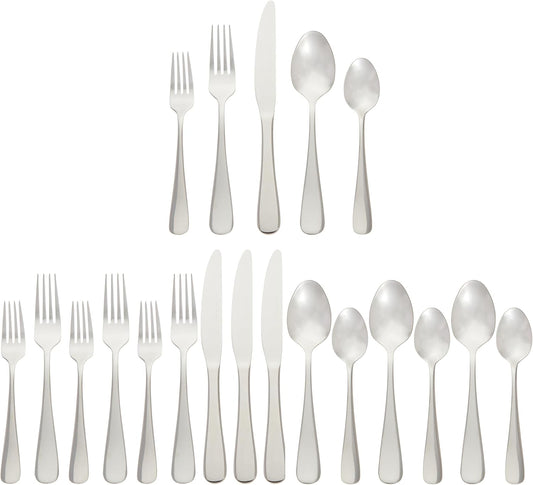 Amazon Basics Silverware Set, Stainless Steel Flatware, Dishwasher Safe, Service for 4, 20-Piece Forks and Spoons, Round Edge