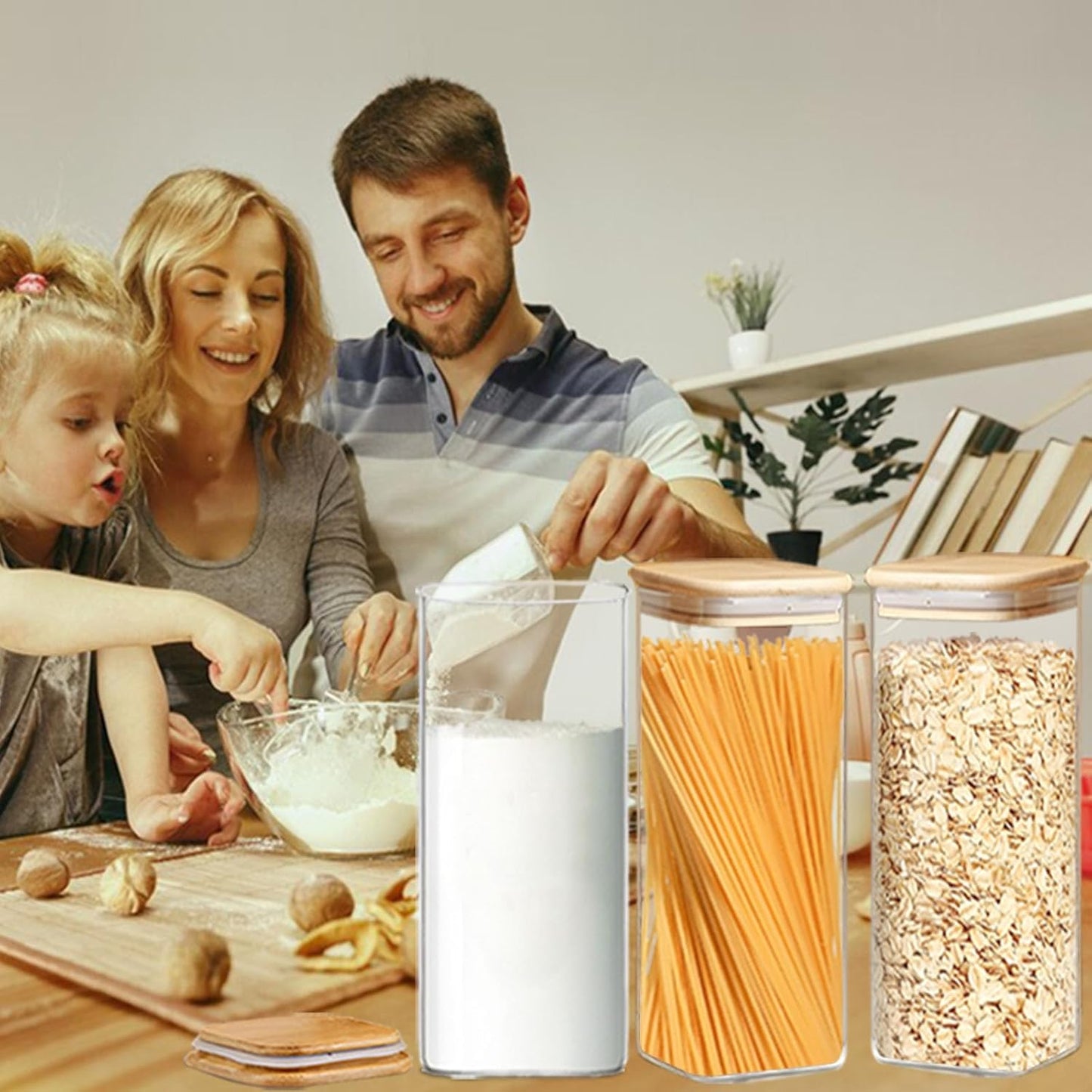 2.2 Qt Square Glass Storage Containers with Lids, Clear Food Storage Container Jar with Sealing Bamboo Lid Storage Containers for Pasta, Oats, Coffee, Flour, Sugar, Square Set-3Pack
