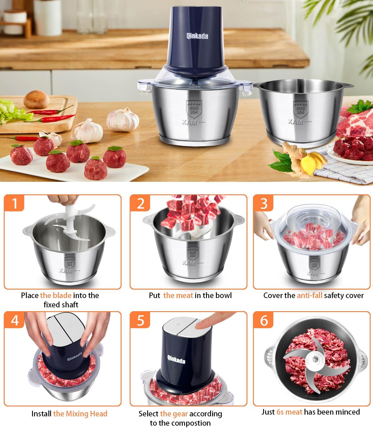 Food Processors with 2 Bowls, 400 W Meat Grinder, Food Chopper Electric, 2 Speed, 2 Pcs 8 Cup 304 Stainless Steel Bowls, 2 Blade and Spatula (Blue 2)