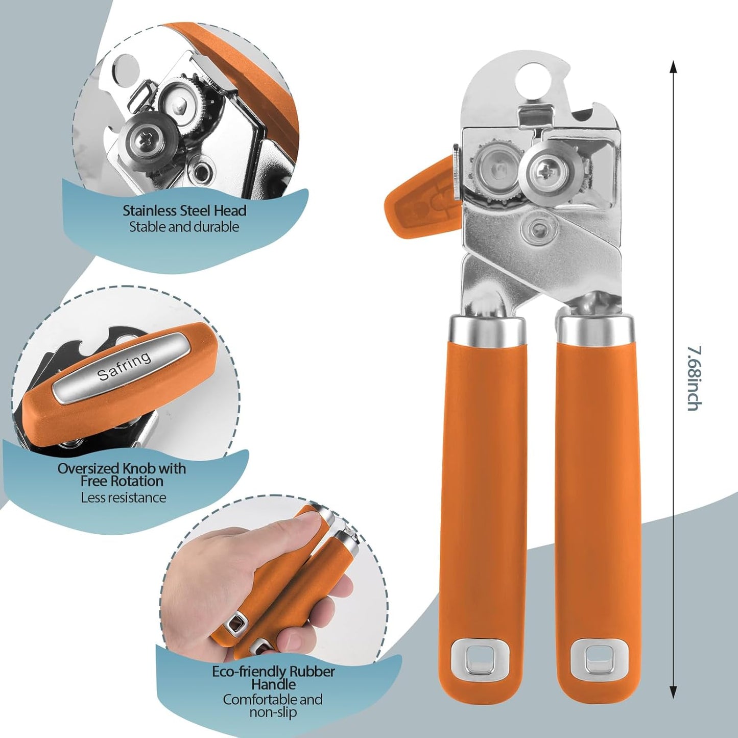 Can Opener Manual, Heavy Duty Handheld Strong Can Opener with Soft Touch Handle, Sharp Blade Smooth Edge, Can Openers with Multifunctional Bottle Opener, Orange