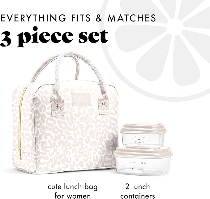 Fit & Fresh Lunch Bag For Women, Insulated Womens Lunch Bag For Work, Leakproof & Stain-Resistant Large Lunch Box For Women With Containers, Zipper Closure Bloomington Lunch Bag, Feline Fine Ivory