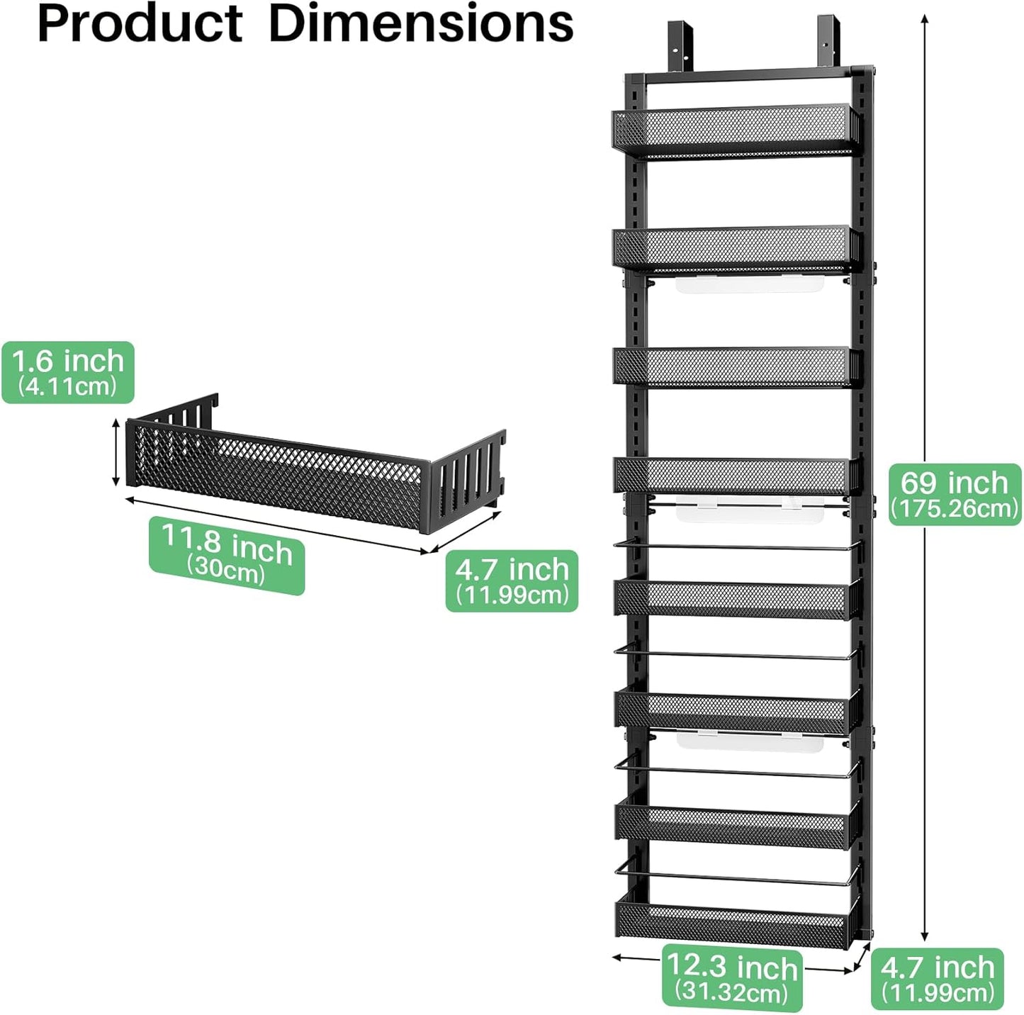 SNTD Over the Door Pantry Organizer - 8 Tier Adjustable Pantry Door Spice Organizer, Large Capacity Hanging Door Spice Rack for Kitchen Pantry Organizers and Storage (Black, 12.3" W x 4.7" D x 69" H)